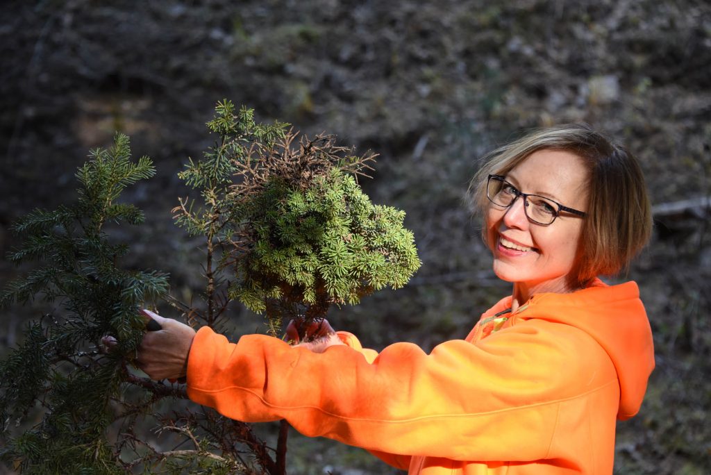 Cheryl holding tiny subalpine fir broom named 'Quark'